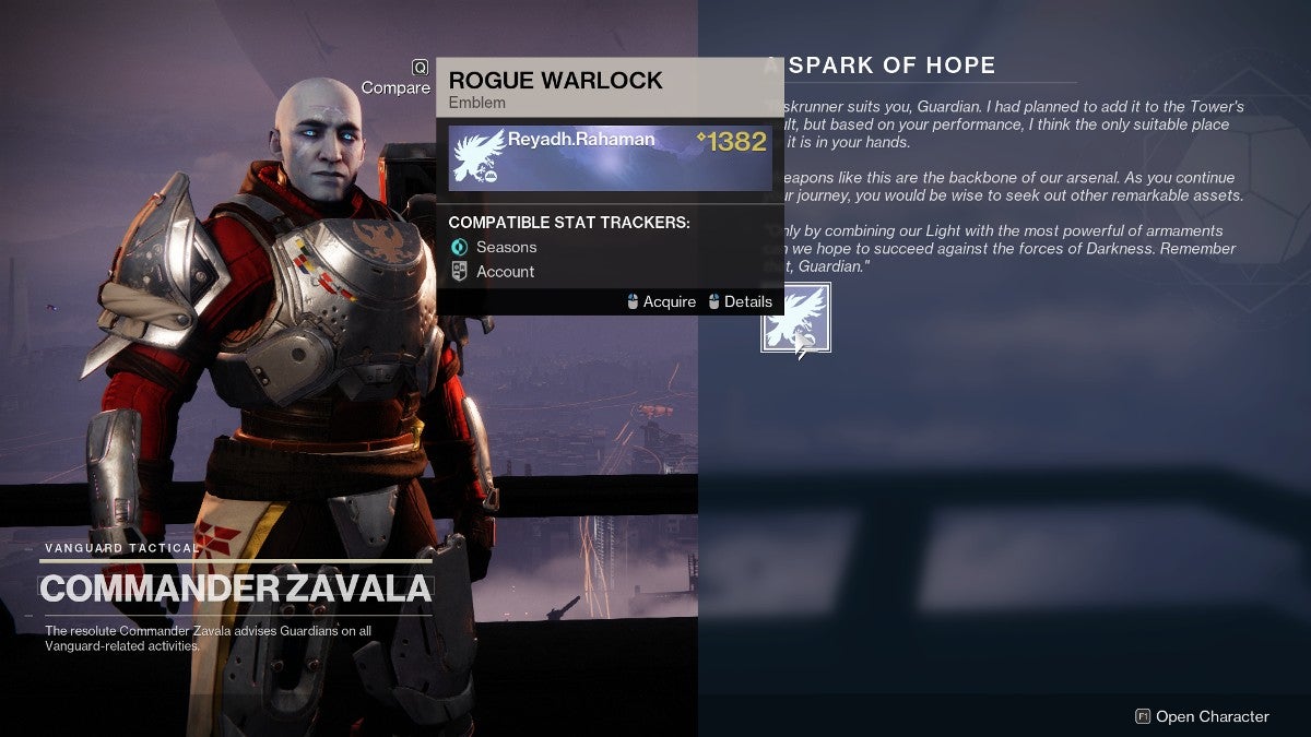 A player getting an emblem from Commander Zavala after completing A Spark of Hope.