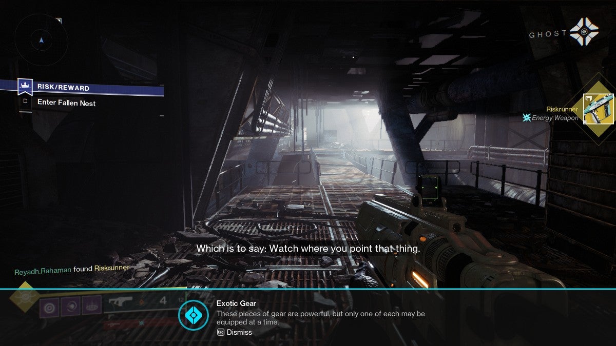 A player getting an exotic gun during the Risk/Reward mission.