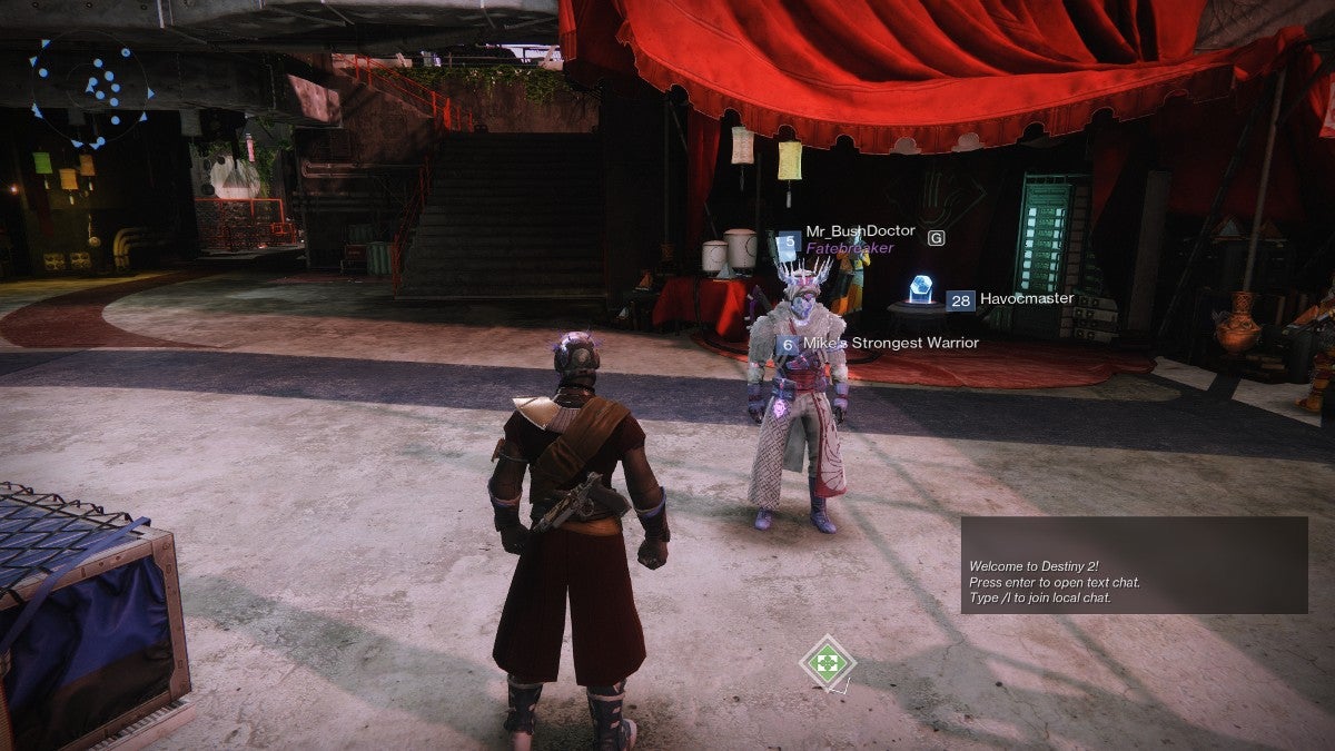 Two guardians looking at each other while in a social space at the Tower. This social area in Destiny 2 has crossplay enabled automatically.