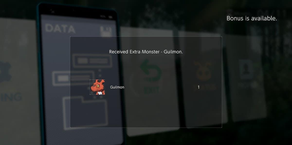 The player getting Guilmon in the menu.