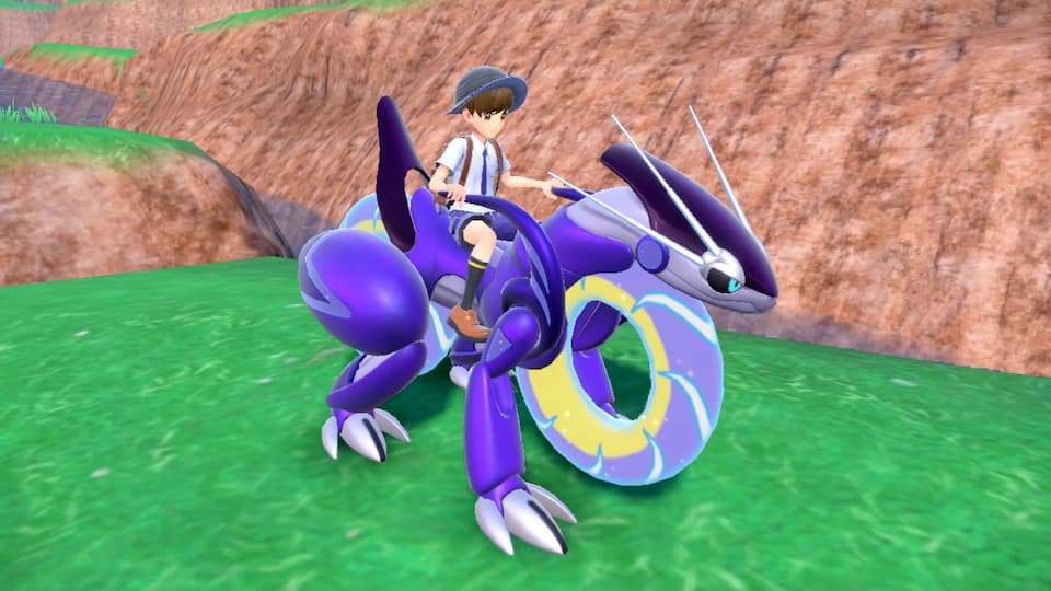 The player's mount in the video game Pokémon Violet. The player is sitting on a Miraidon in motorcycle mode. This shows how mounts changed video games for the future.