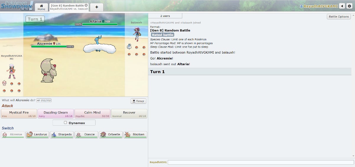 Two players battling on Pokémon Showdown. Pokémon battles can have lots of RNG factors.