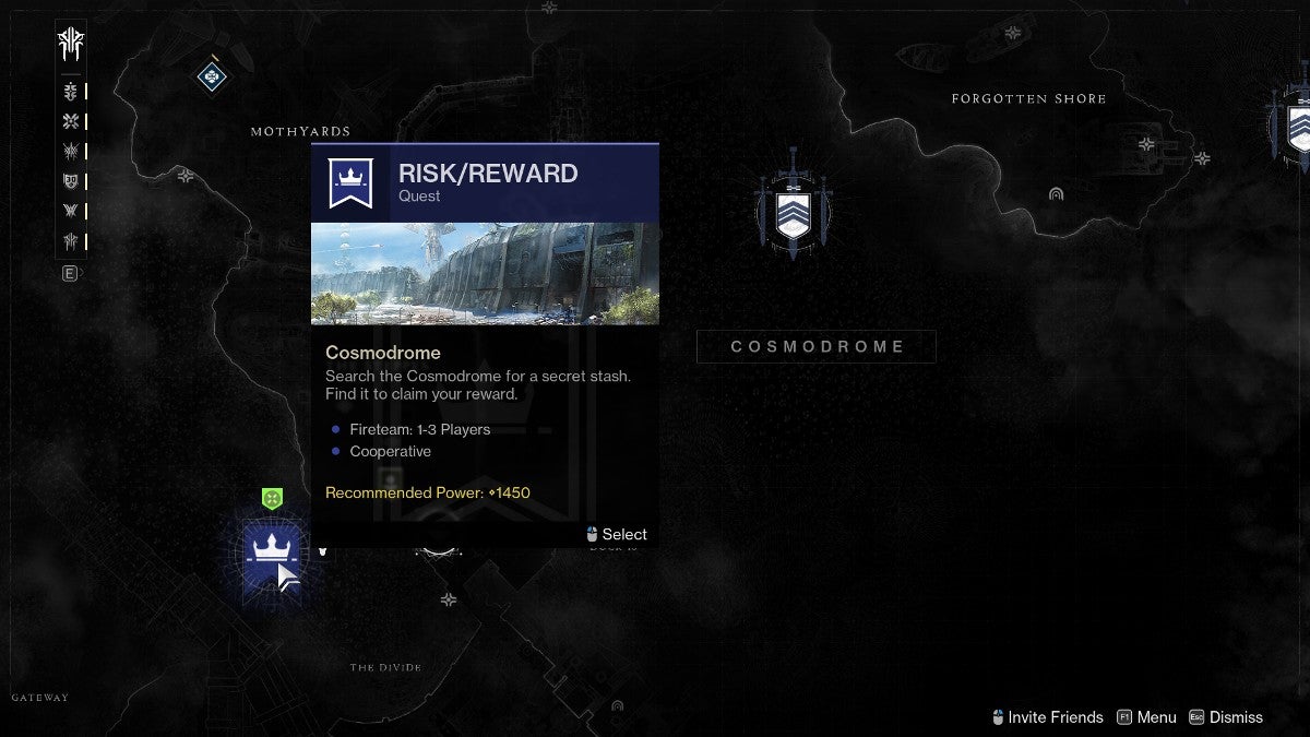 The location and description of the Risk/Reward mission in the Cosmodrome.