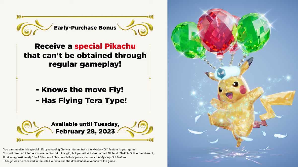 A Pikachu with crystal-like balloons as a pre-order bonus for Pokémon Scarlet and Violet.