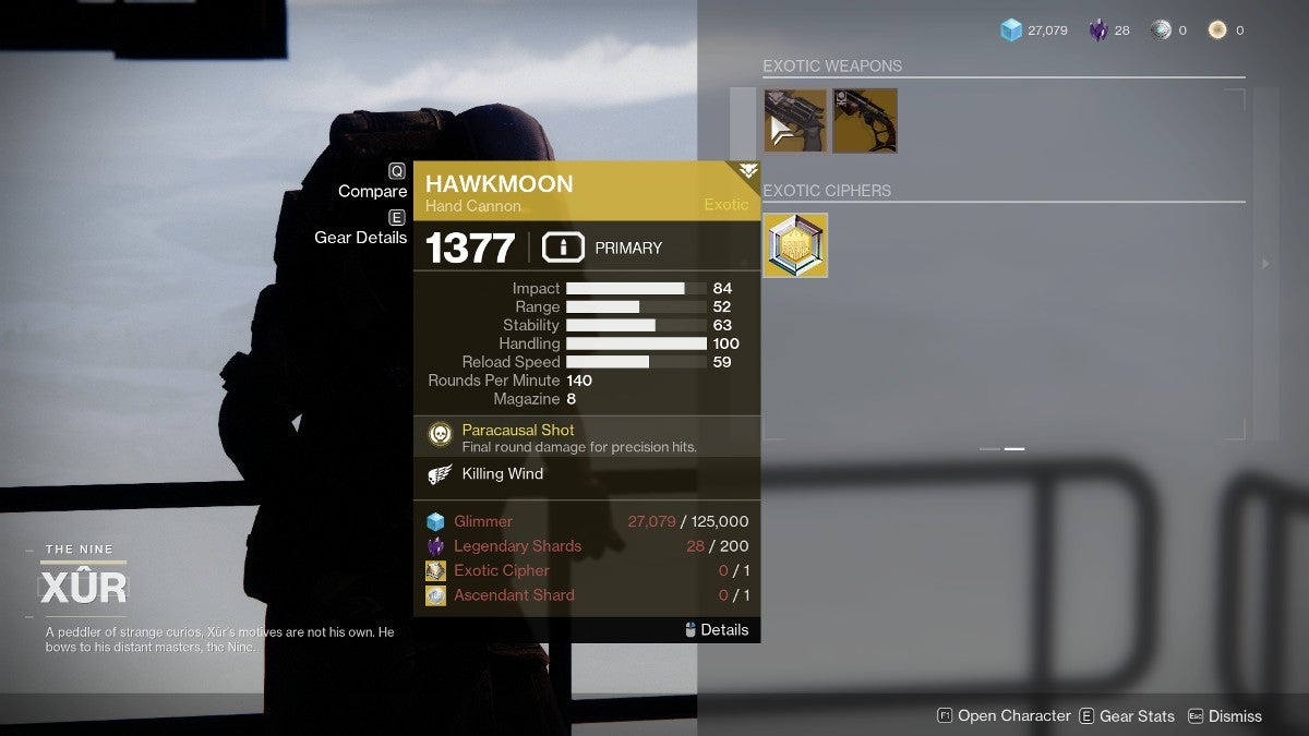 A player looking at the Hawkmoon exotic gun in the inventory of Xur, the wandering merchant.