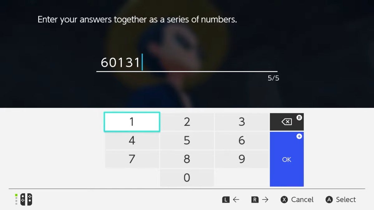 A player inputting the number "60131" to give the Uxie's eyes puzzle solution.