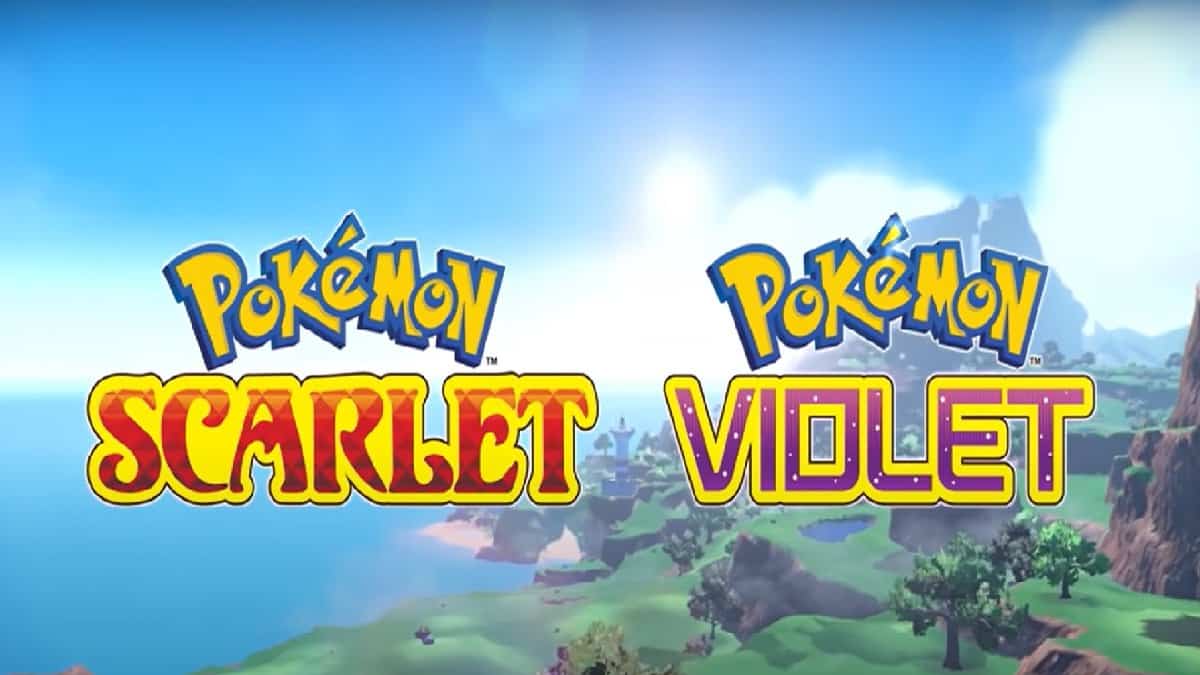 Pokémon Scarlet and Pokémon Violet titles with landscape background from the game.
