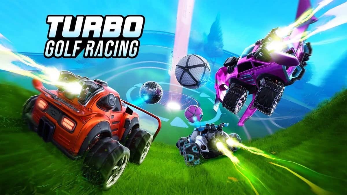 Turbo Golf Racing cover photo showing cars and gold balls.