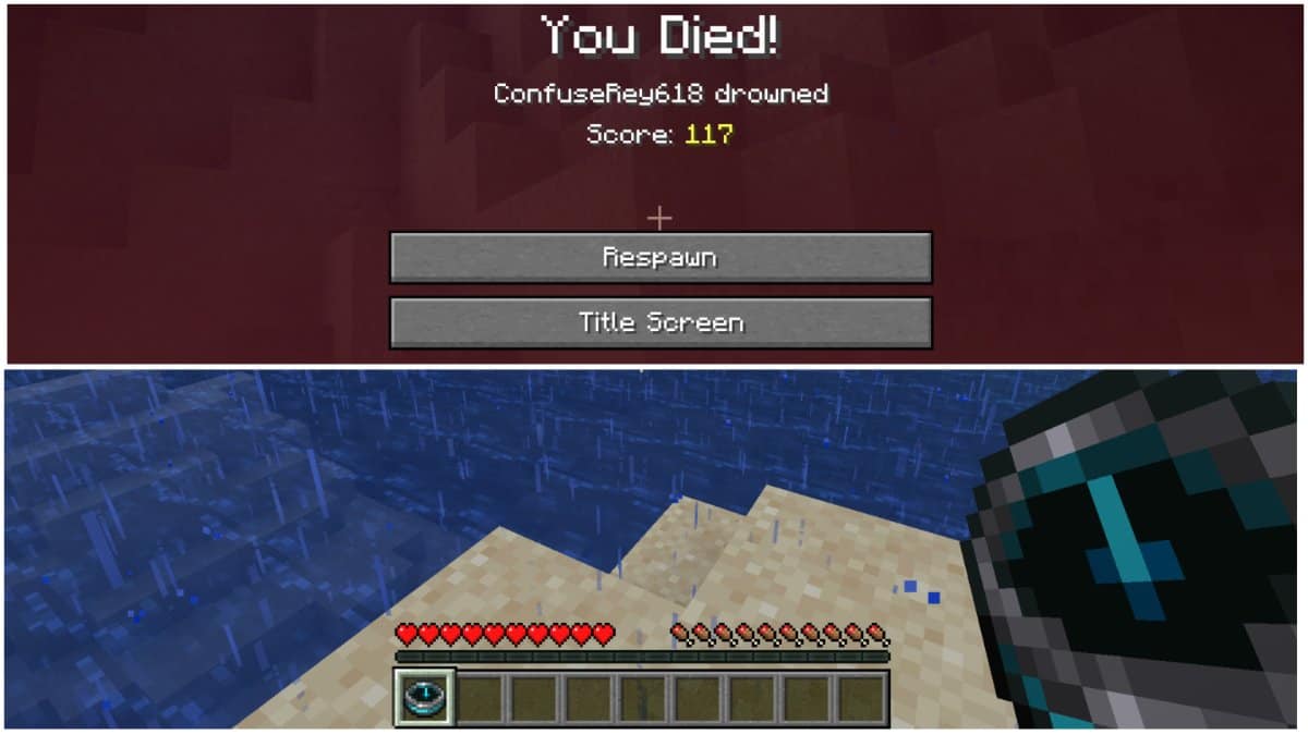 Split image where the top image is a death screen when a player drowns and the bottom image is a player using a Recovery Compass to find where they died.