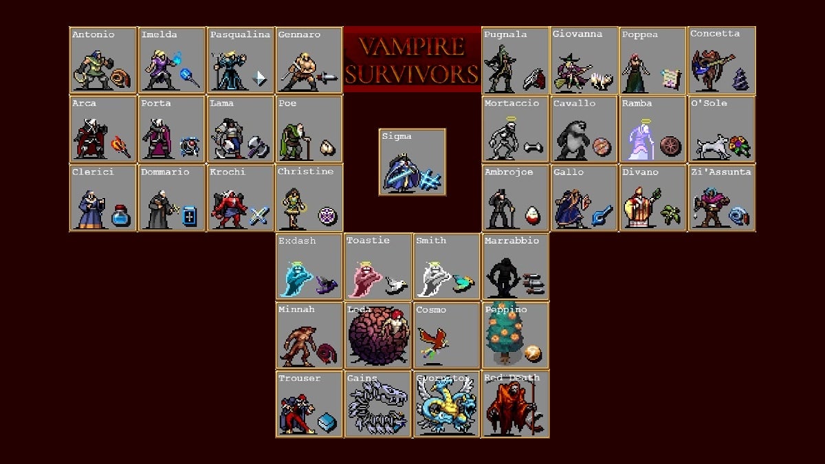 All characters in Vampire Survivors.