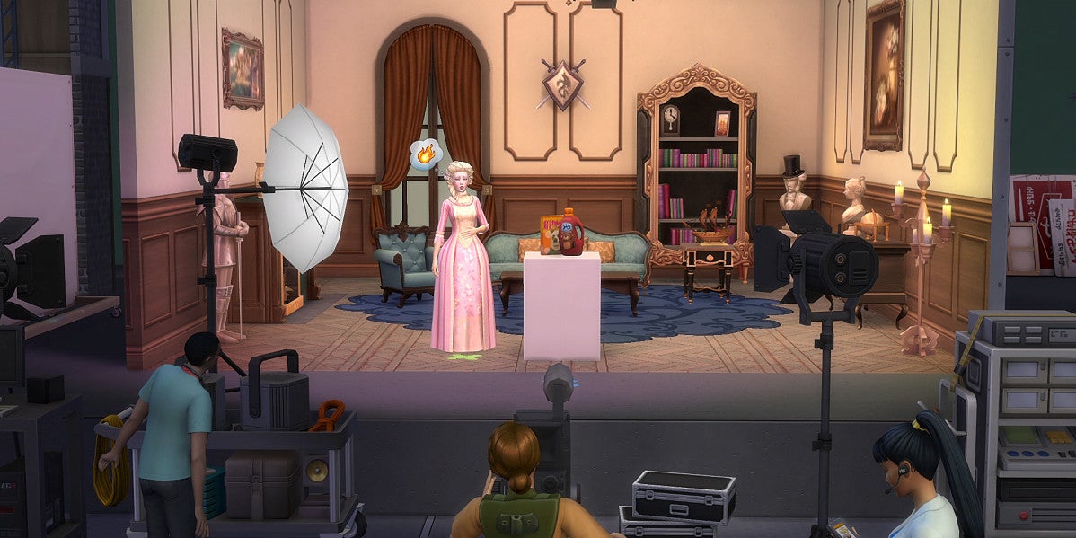 A Sim is filming in The Sims 4.