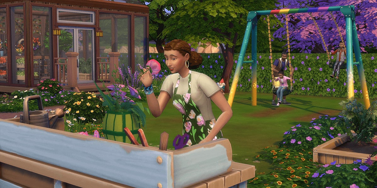 A Sim is taking care of plants in The Sims 4.