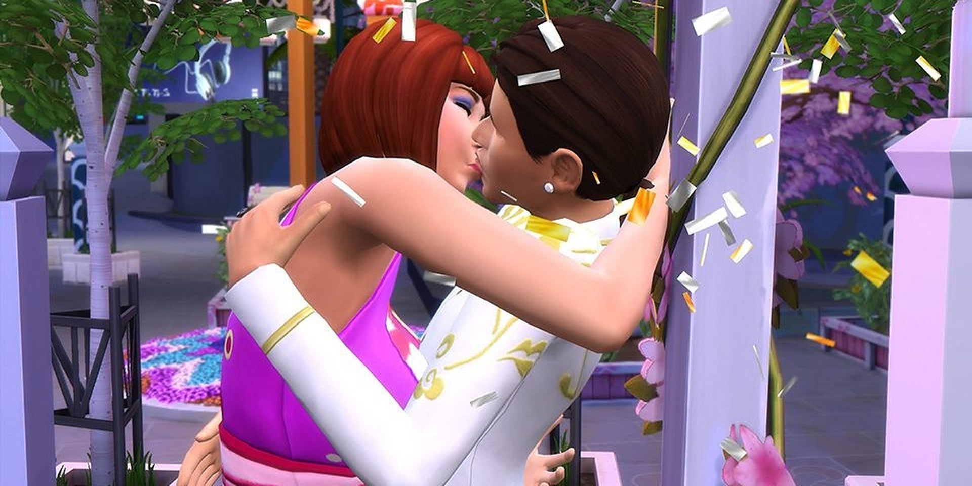 Two Sims kiss in The Sims 4.