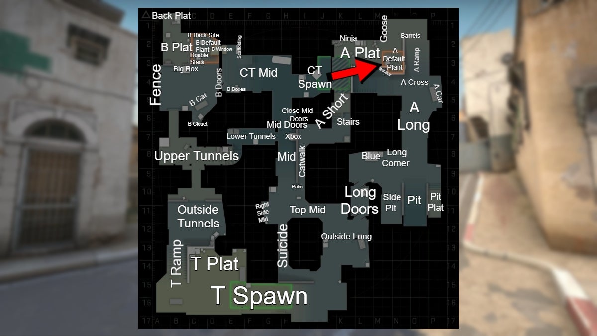 Location of the A Default Plant callout in CS:GO.