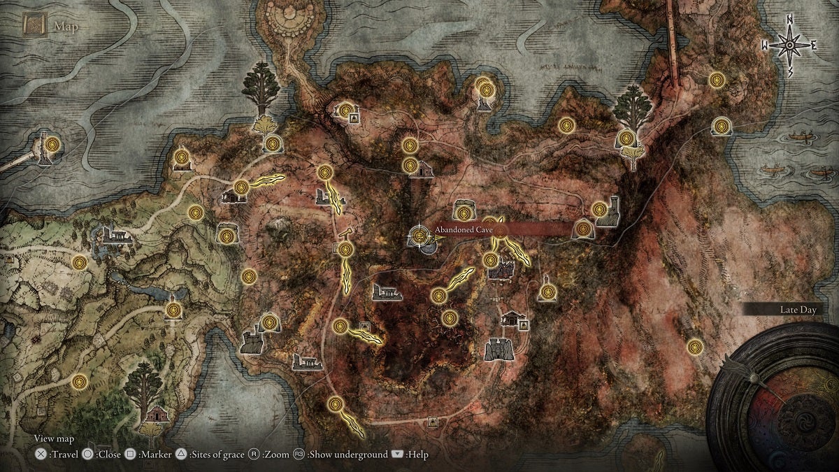 Abandoned Cave shown on the map in Elden Ring.