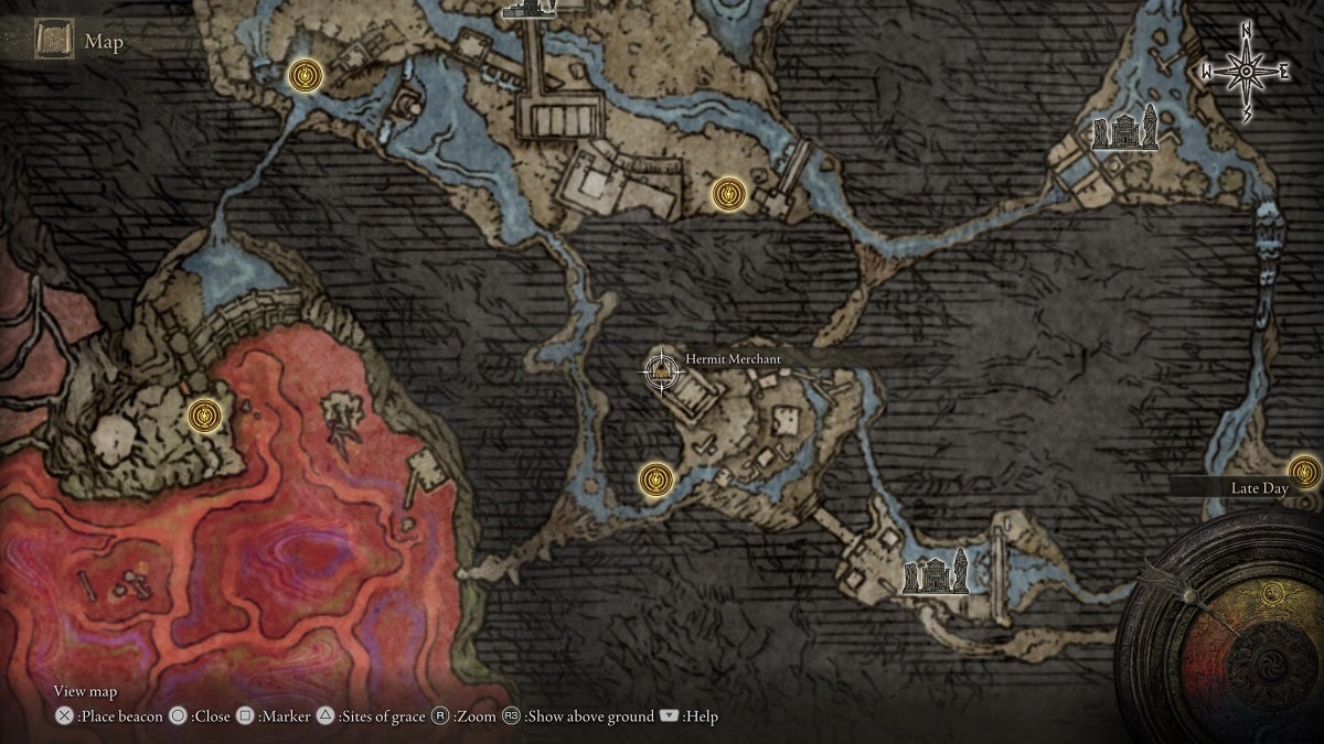 The location of the Hermit Merchant in Ainsel River shown on the map.