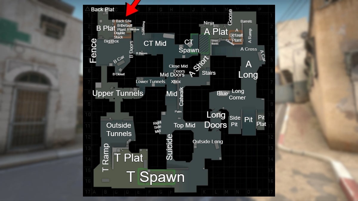 Location of the B Back Site callout in CS:GO.
