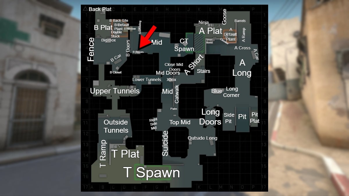 Location of the B Boxes callout in CS:GO.