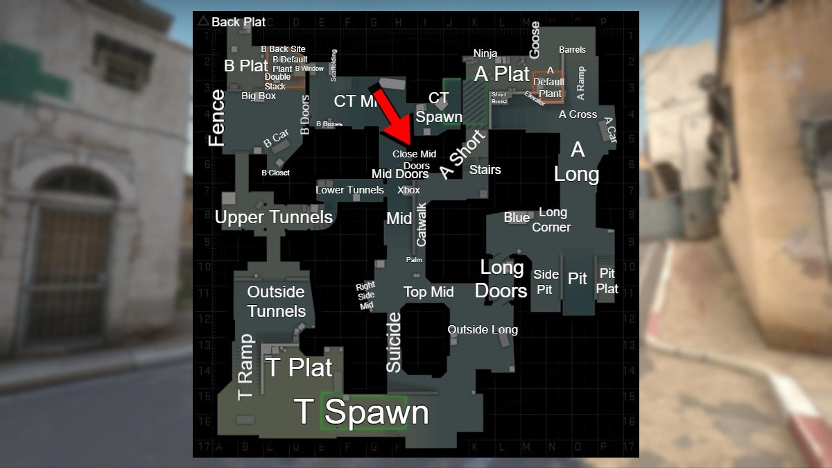 Location of the Close Mid Doors callout in CS:GO.