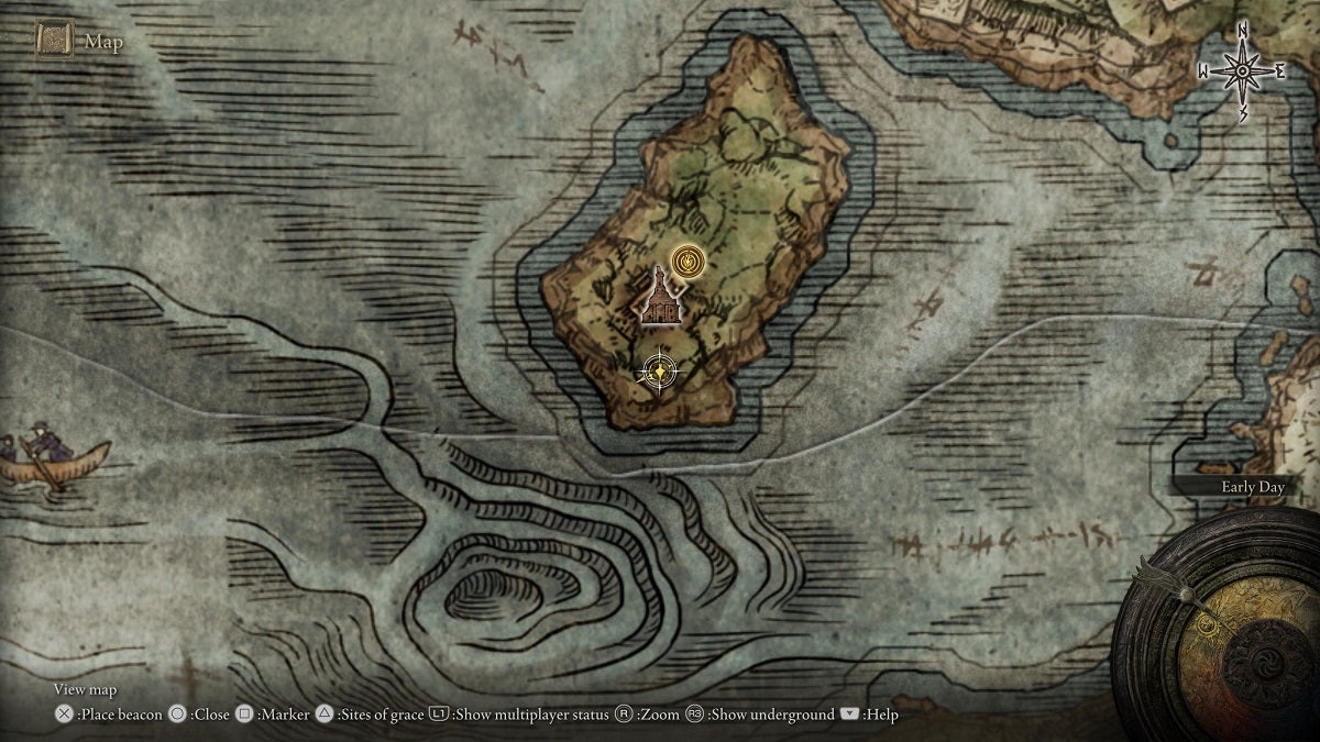 The location of the Exalted Flesh in the Church of Dragon Communion in Limgrave shown on the map.