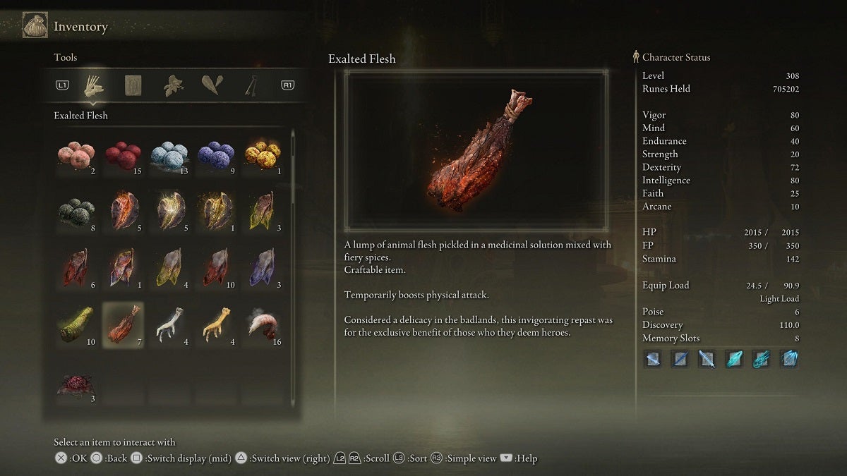The Exalted Flesh shown on the menu in Elden Ring.