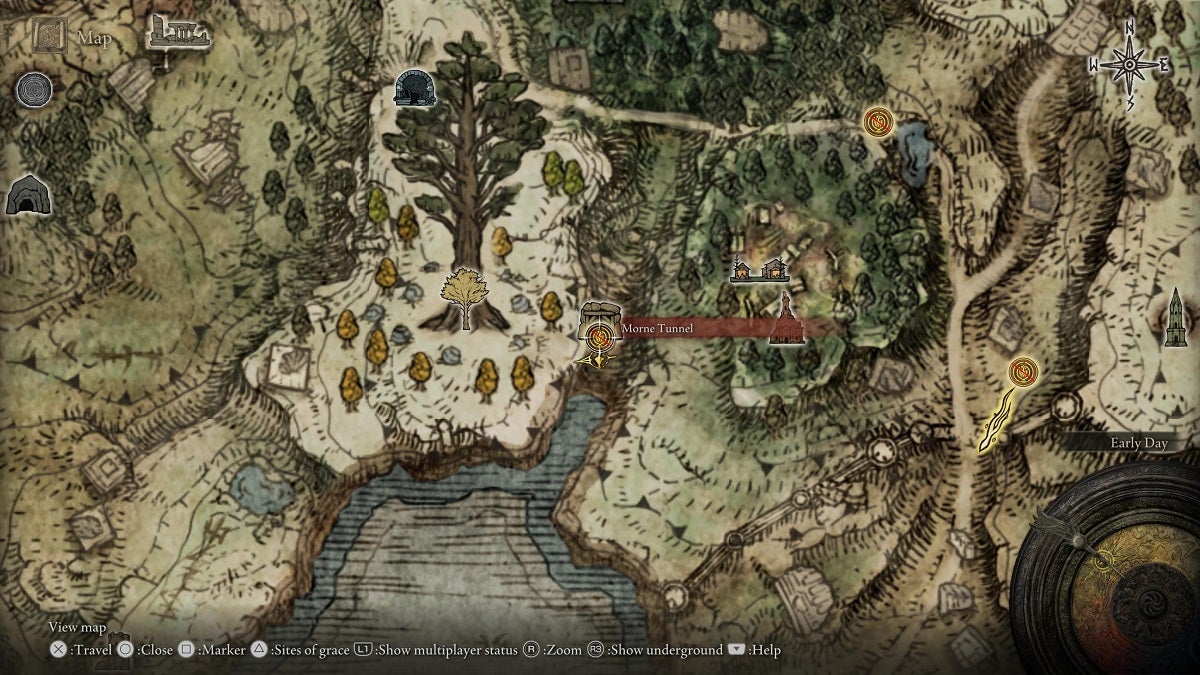 Morne Tunnel shown on the map in Elden Ring.