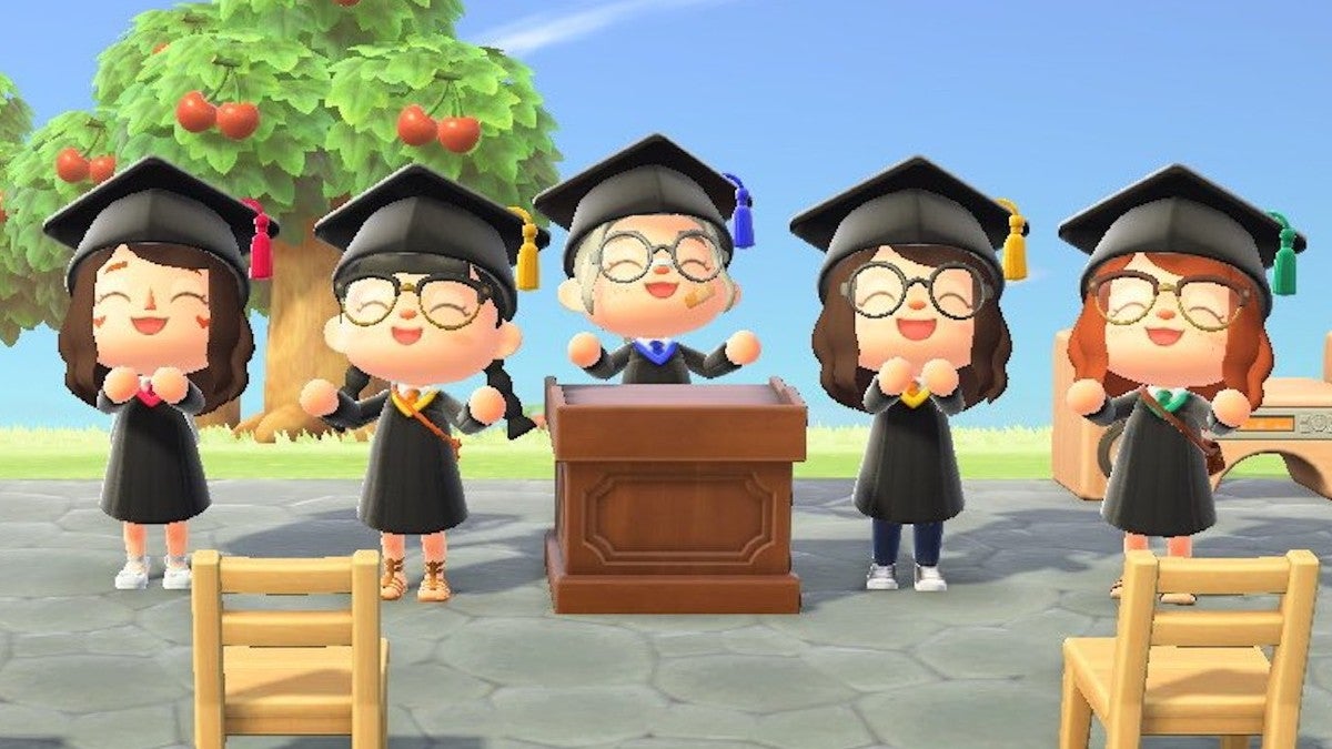 Five characters graduating in Animal Crossing. They are wearing graduation gowns and caps.