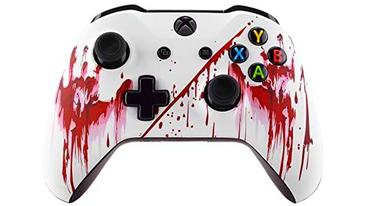 A white Xbox controller that looks like it's covered in blood.