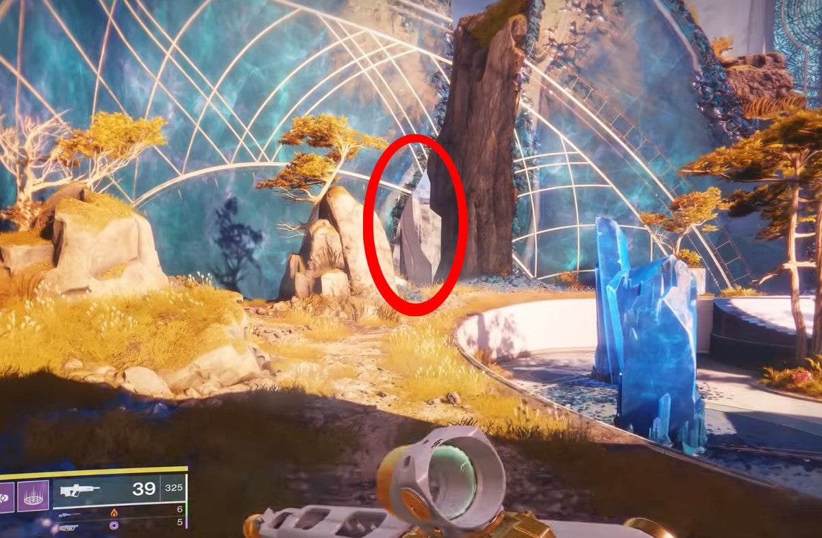 A red circle pointing out a gap in a wall near the observatory in the Spine of Keres area.