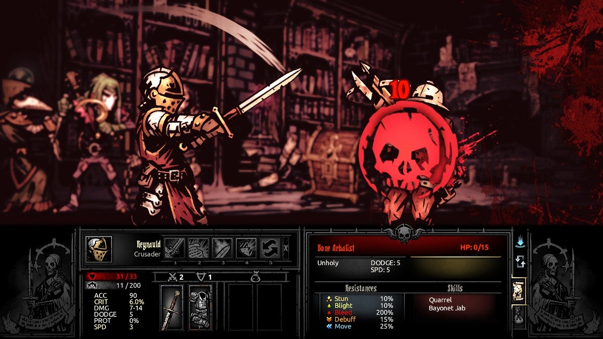 A player using Reynauld the Crusader to kill an enemy Bone Arbalest. This is an example of violence against inhuman foes in video games.