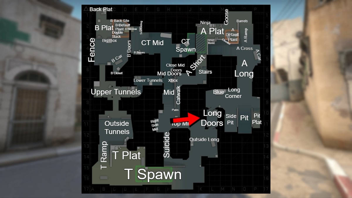 Location of the Long Doors callout in CS:GO.
