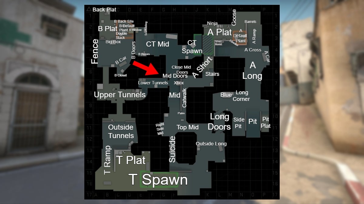 Location of the Mid Doors callout in CS:GO.