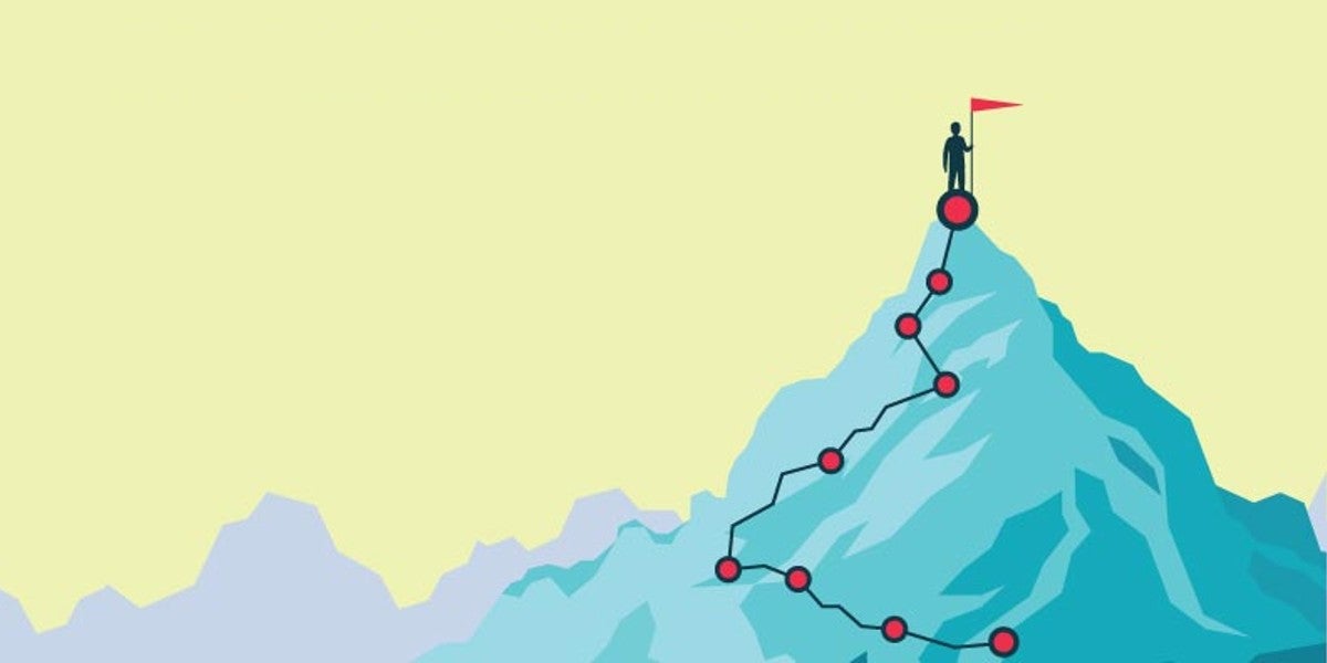 A person climbing a mountain with heir progress marked by red dots.