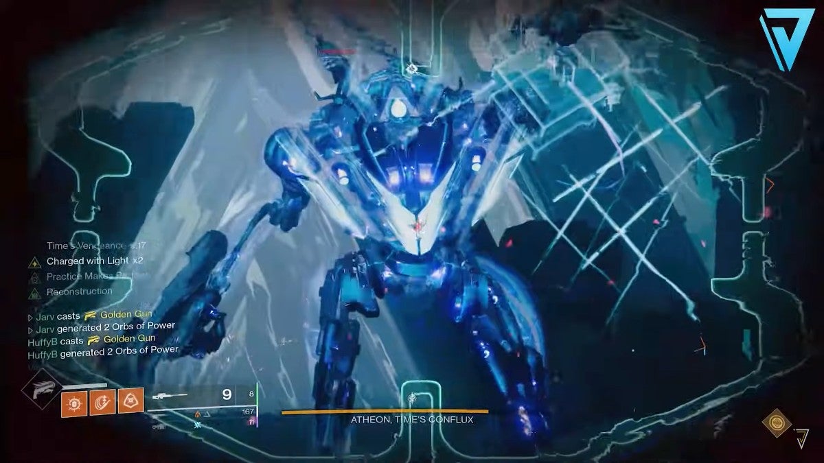 A player fighting the boss Atheon, Time Conflux at the climax of the Vault of Glass raid.
