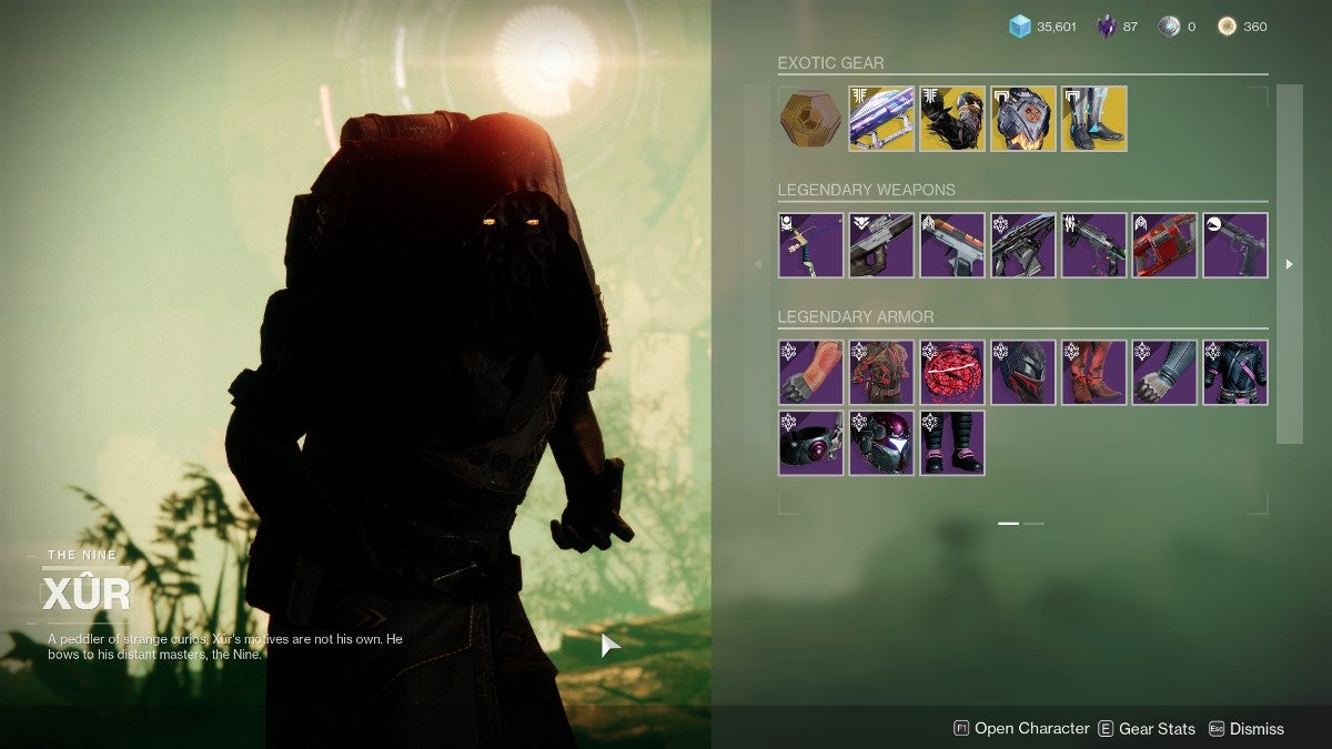 The player checking out Xur's inventory screen on Nessus.