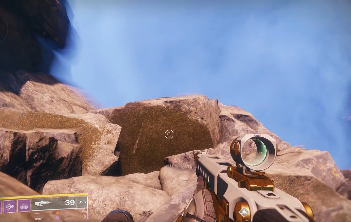 Player looking down over a ledge to find a lower platform to jump to.
