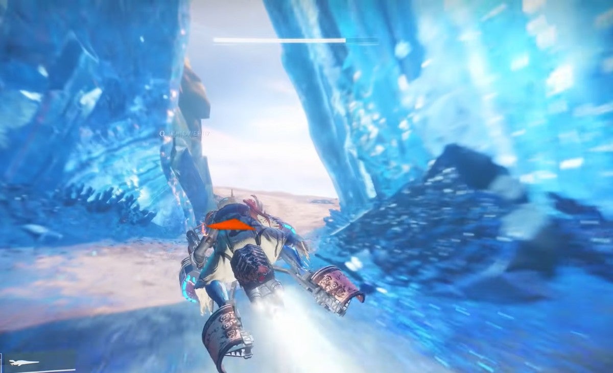 A player riding their sparrow through a cave of bright blue gems.