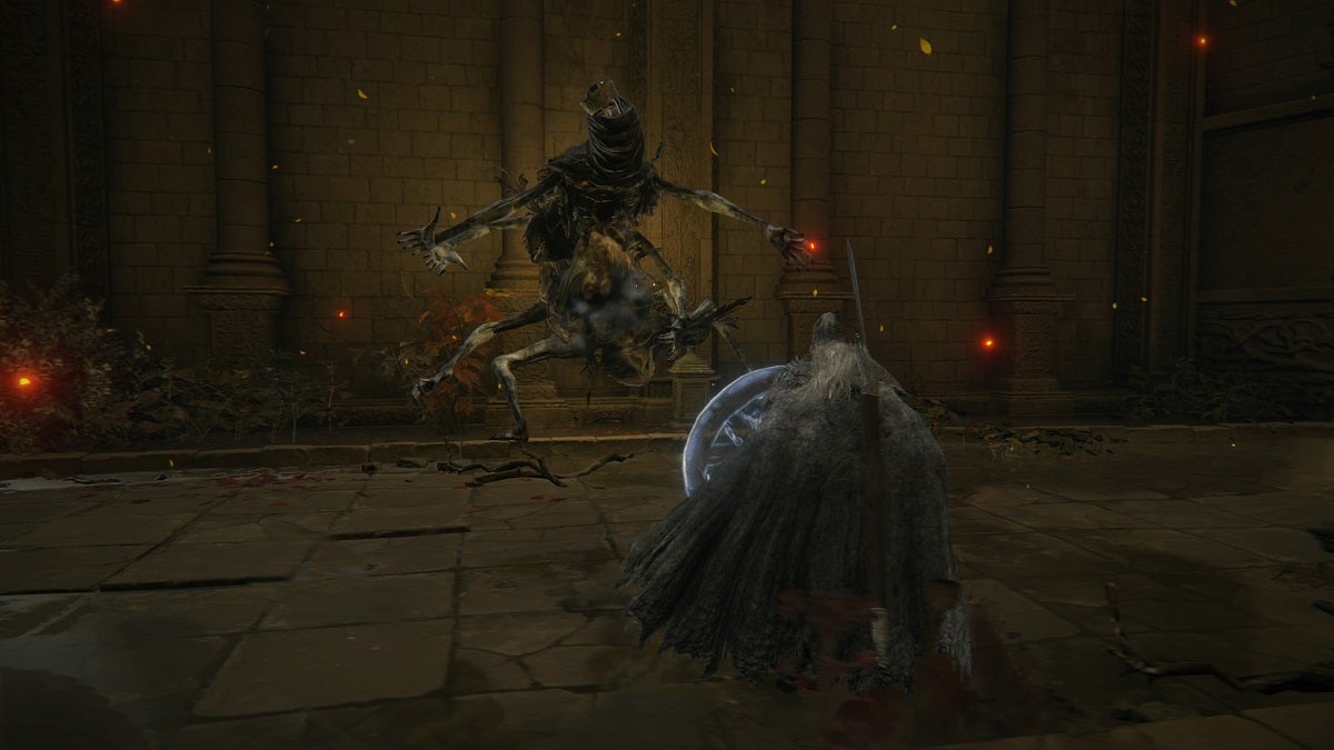 Blocking while fighting a Revenant in Elden Ring.