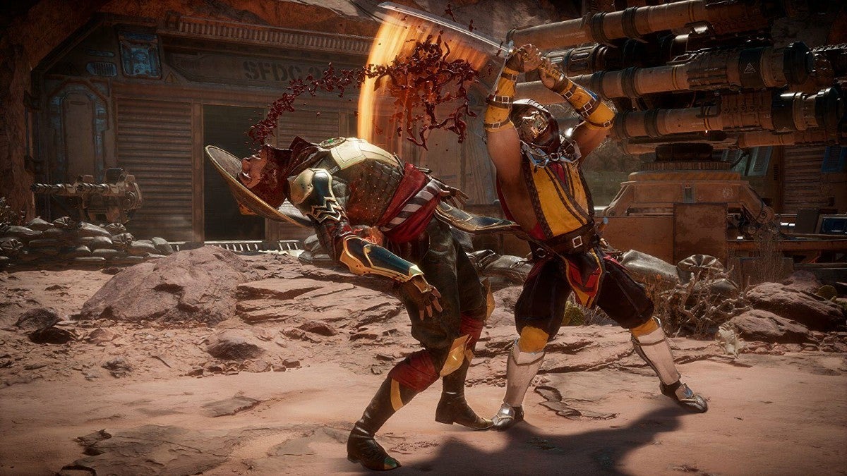 Scorpion using a violent sword attack on Raiden in Mortal Kombat 11.