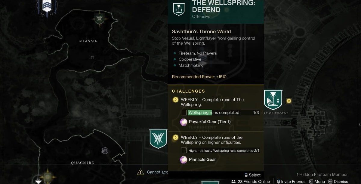 Information about the Wellspring Defend mission in the Court of Thorns area.