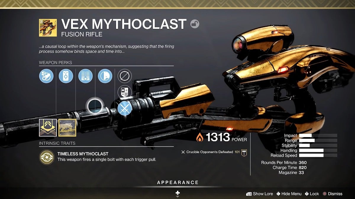 A screen showing the stats of the Vex Mythoclast gun.