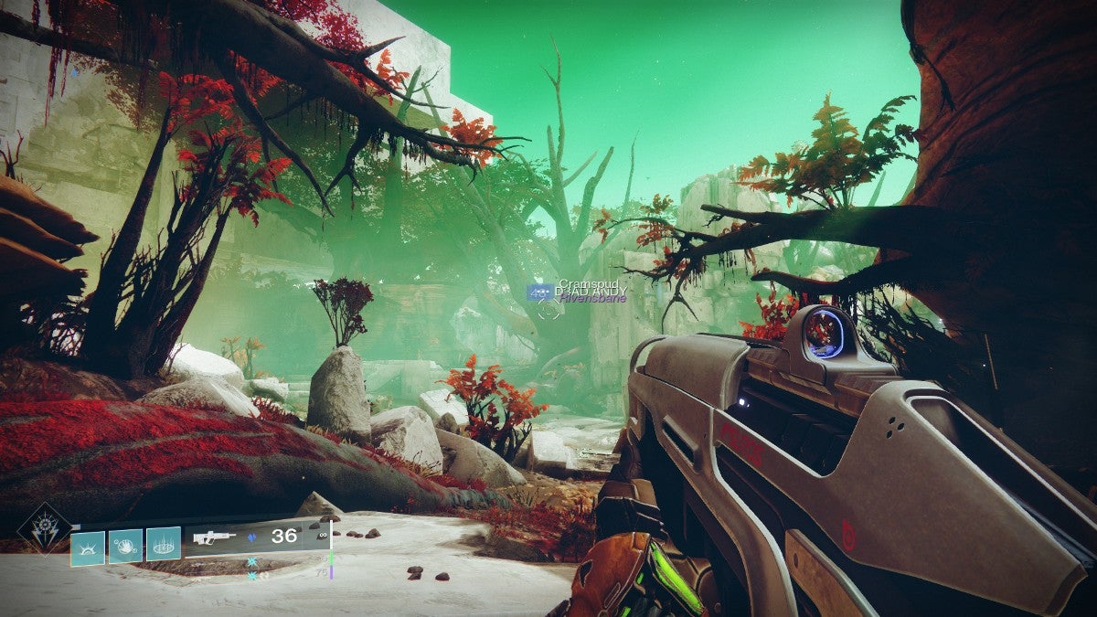 The player's perspective when they just spawn at the Watcher's Grave landing zone. There are many trees with red leaves in the area.
