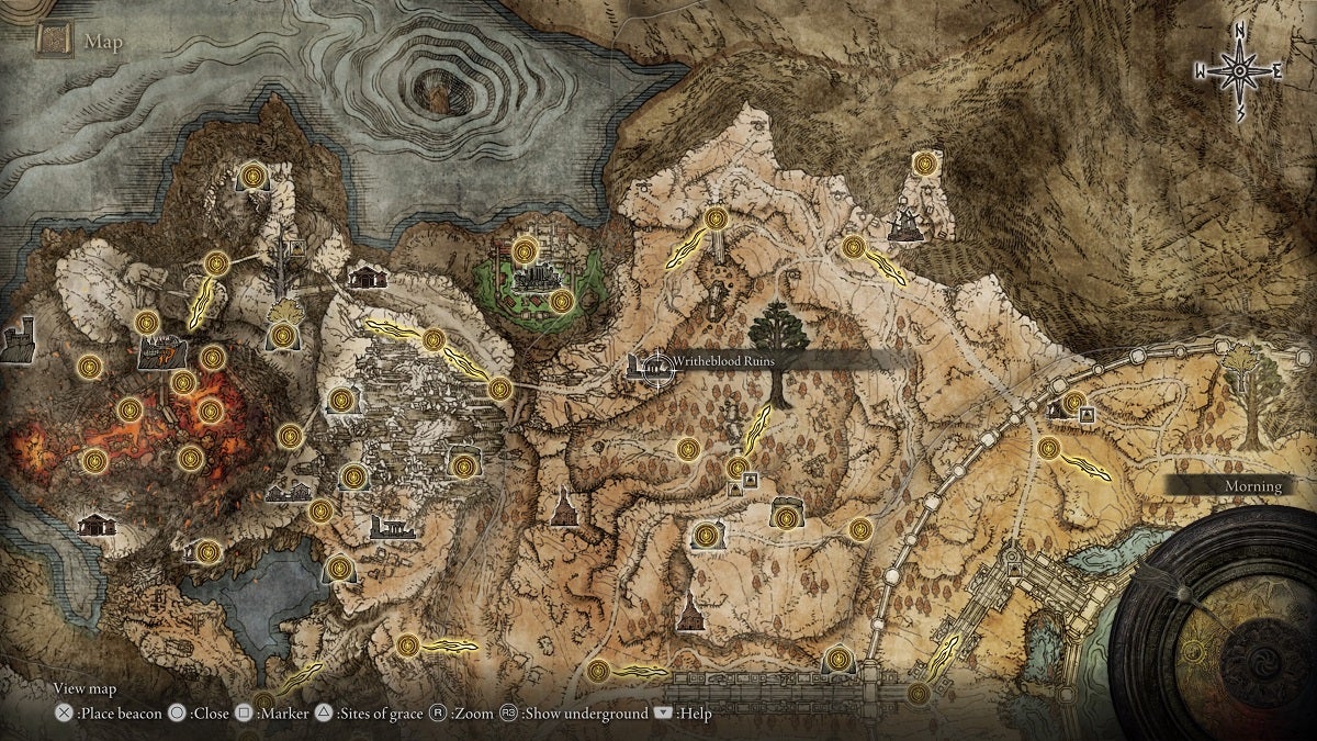 The location of Writheblood Ruins in Elden Ring.