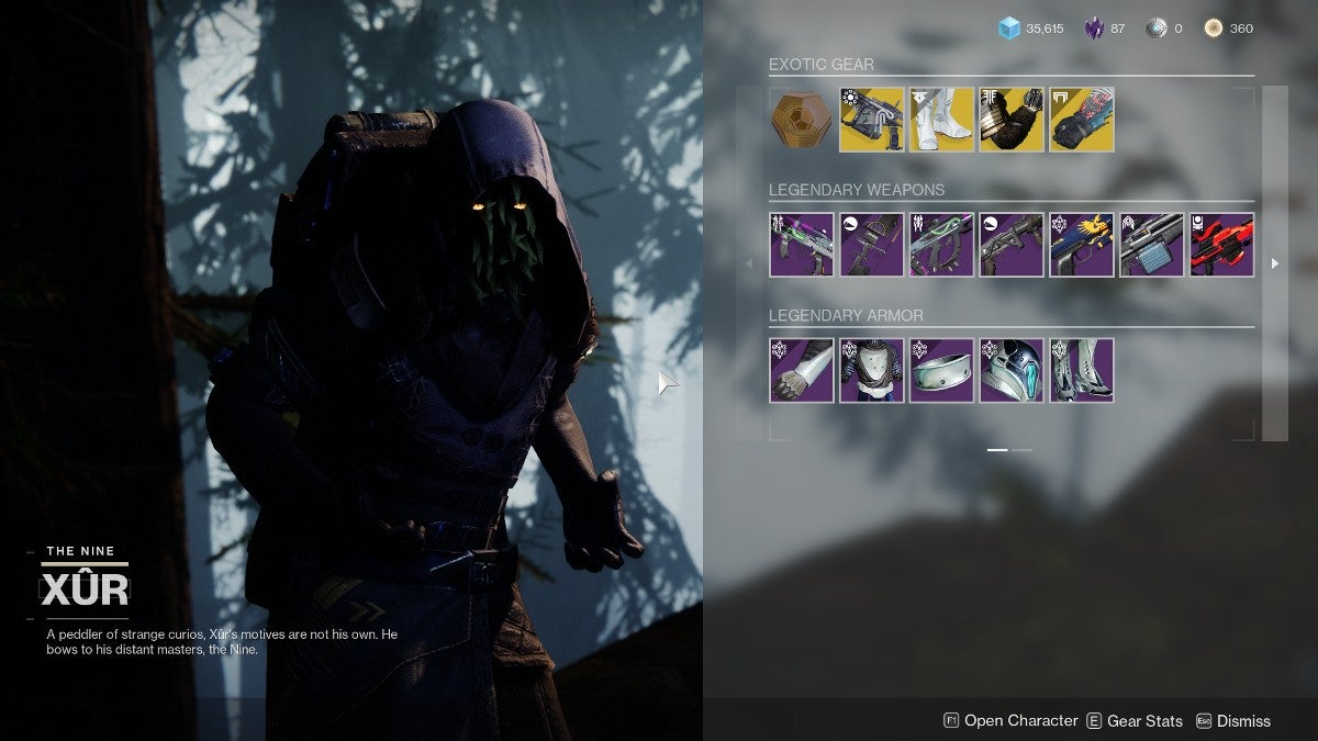 Xur's inventory screen showing all the items he has from October 21 to October 25, 2022.