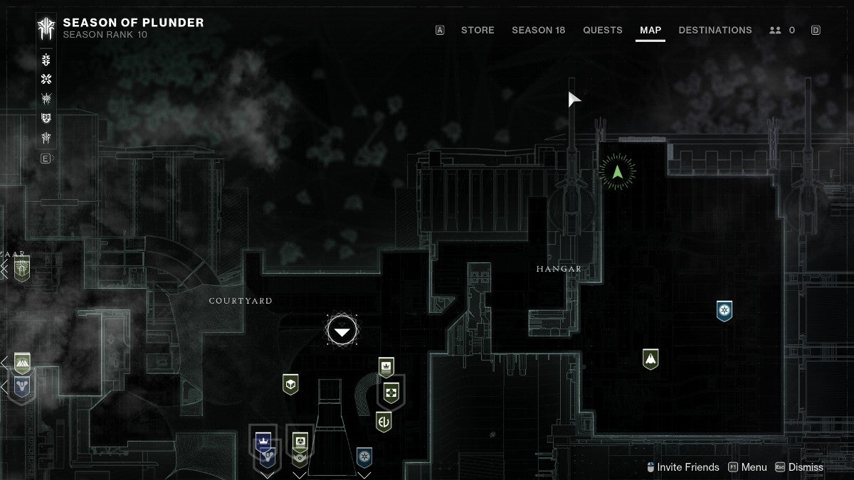 Xur's location in the Hangar of the Tower on the area map.