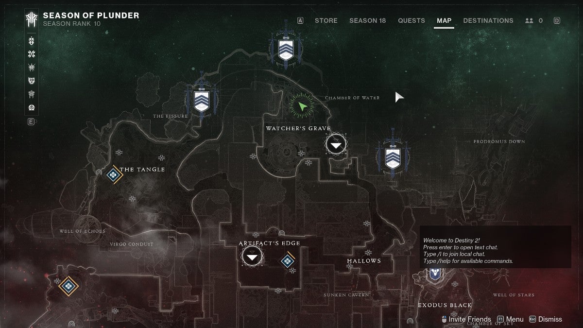 Map location of Xur at the Watcher's Grave on Nessus.