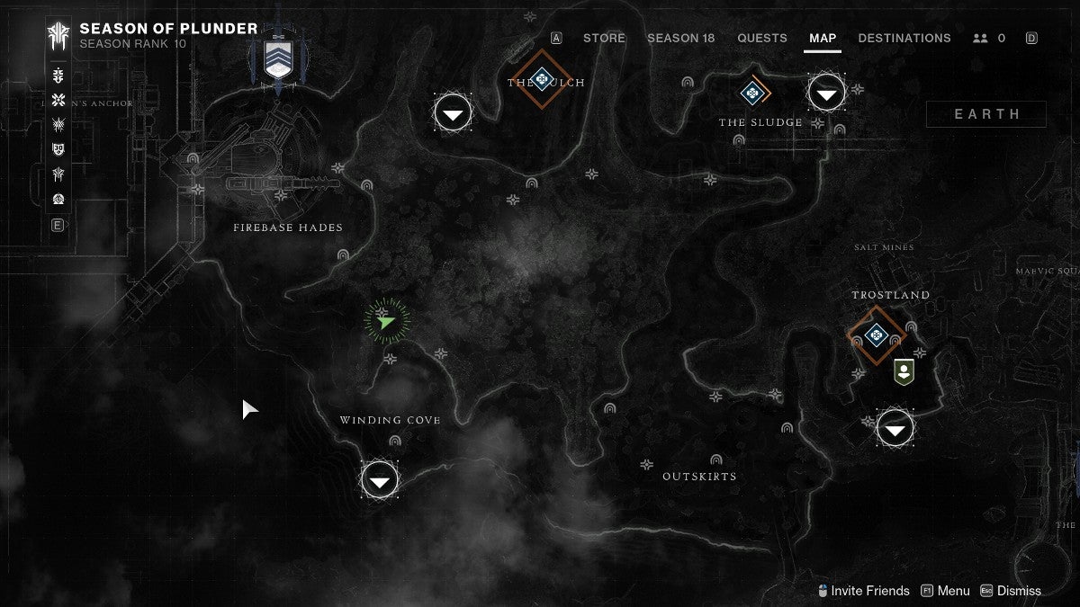 Xur's location in Winding Cove on the EDZ map.