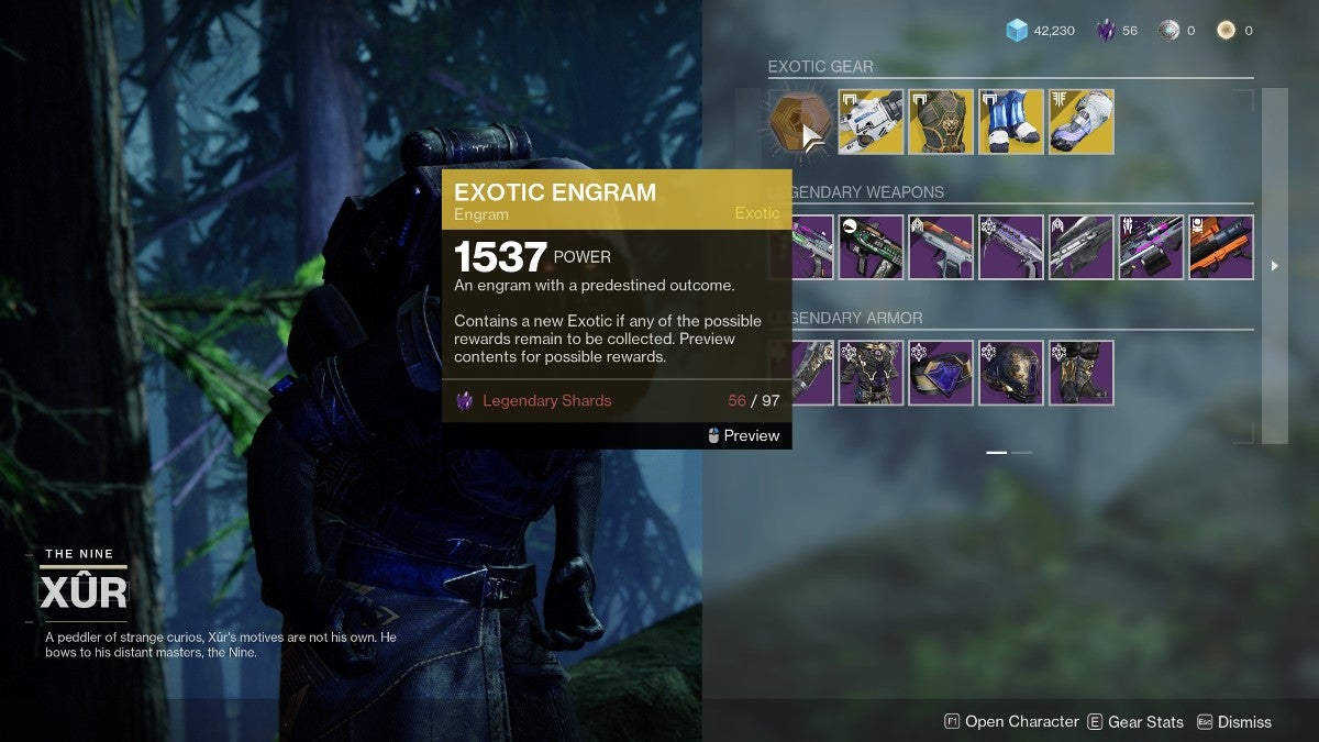 Player hovering over the exotic engram that Xur has for sale.