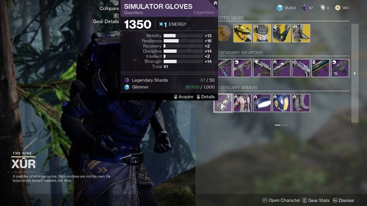 Xur selling gauntlets called "simulator gloves".