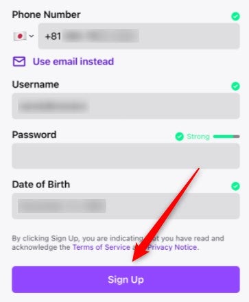 Sign up form on the Twitch app.